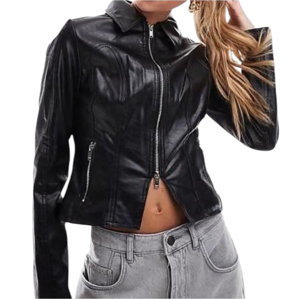 Bershka Black Faux Leather Zip-Up Jacket Women’s Sz - M